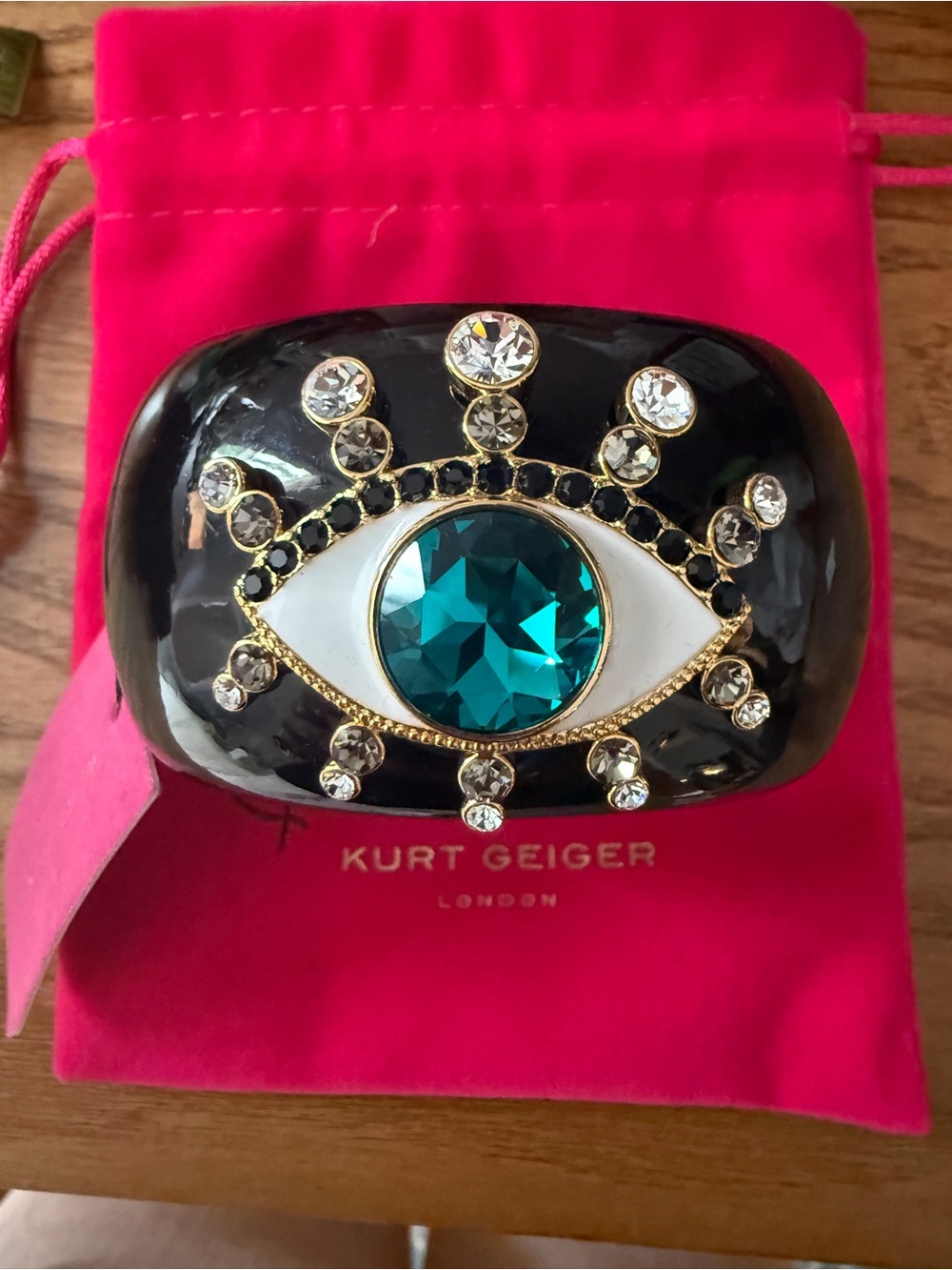 Kurt Geiger Black Resin Bracelet with Teal Gem and Clear Crystals